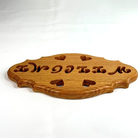 Wooden Oak Welcome Sign Plaque Heart Rustic Country Core Farmhouse Signed - Picture 3 of 4